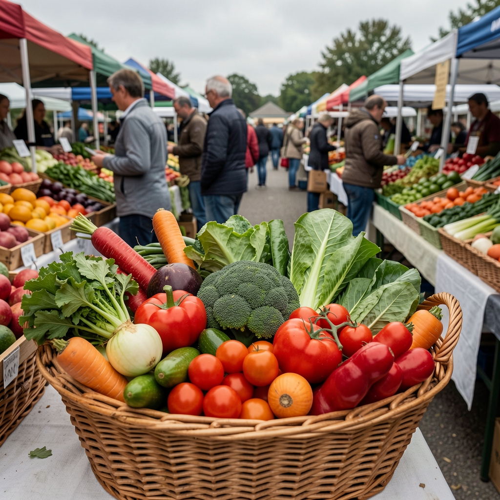 Fresh seasonal vegetables arranged in a woven basket at a farmers market, natural overcast light, Clerkenwell London