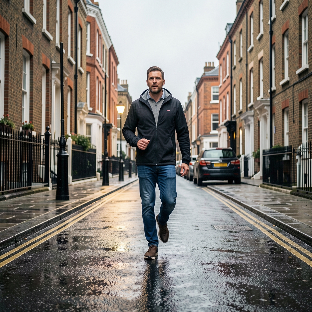 Active morning walk along a quiet London street, person in motion, overcast light and wet pavement